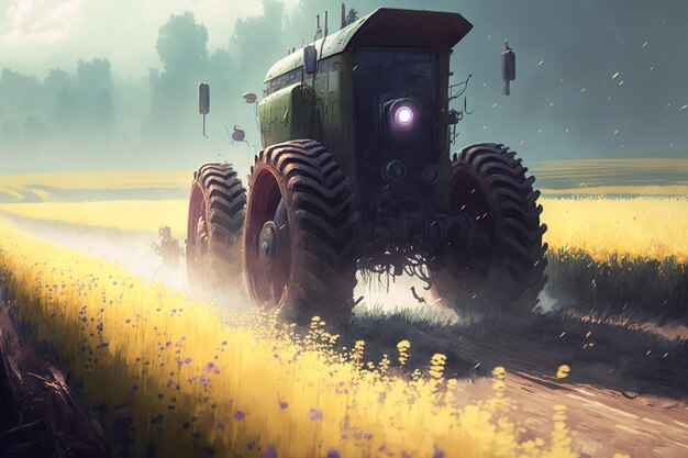 On the spring a tractor sprays wheat in a field