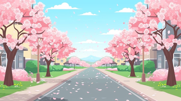 Photo spring tree lined street with cherry blossoms blooming landscape background