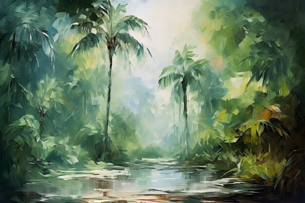 Photo spring tropical forest oil painting in impressionism style