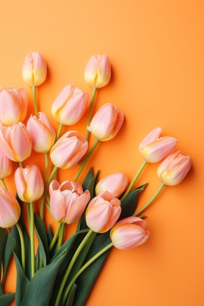 Photo spring tulip flowers on orange background top view in flat lay style ar 23 v 52 job id 65893d661d2a4a51ab546ff6ec5b5855