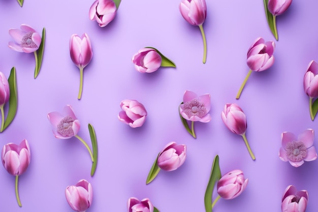 Photo spring tulip flowers on orchid background top view in flat lay style ar 32 v 52 job id ceb3c3d6d89c43ff9f7a6ccc6cb222d7