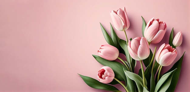 Photo spring tulip flowers on pink background top view in flat lay style greeting for womens or mothers day or spring sale banner generative ai