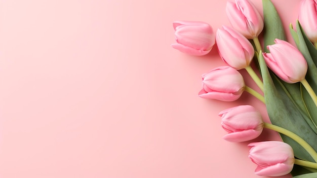 Весенние цветы тюльпана на розовом фоне вид сверху в стиле плоской планировки Поздравление с Днем женщин или Матери или Весенней распродажей Banner Generative Ai