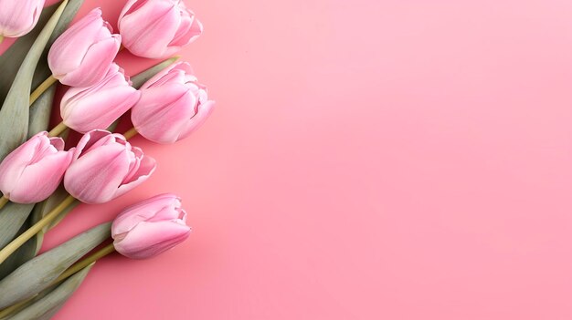 Spring tulip flowers on pink background top view in flat lay style Greeting for Womens or Mothers Day or Spring Sale Banner Generative AI