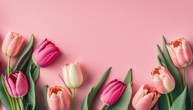 Spring tulip flowers on pink background top view in flat lay style