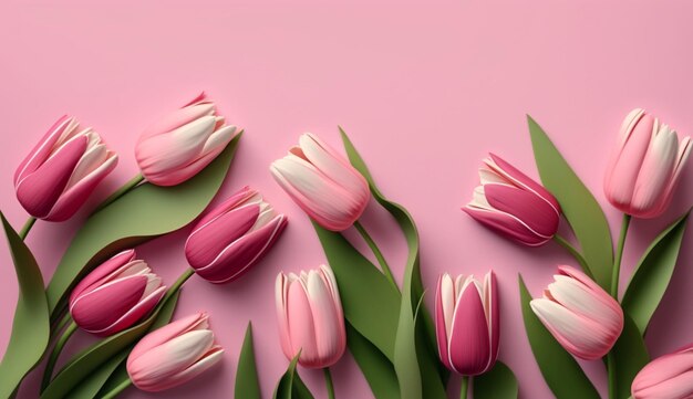 Spring tulip flowers on pink background top view generative Ai