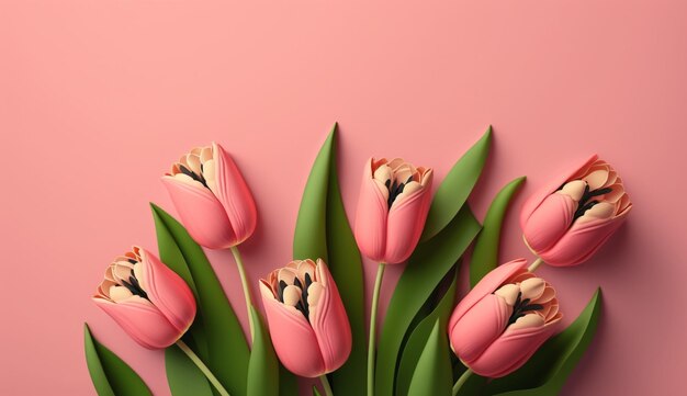 Spring tulip flowers on pink background top view generative Ai