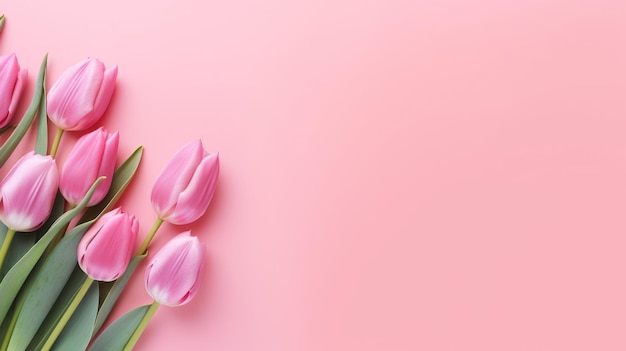 春のチューリップの花はピンクの背景でテキストのコピースペースでAI生成