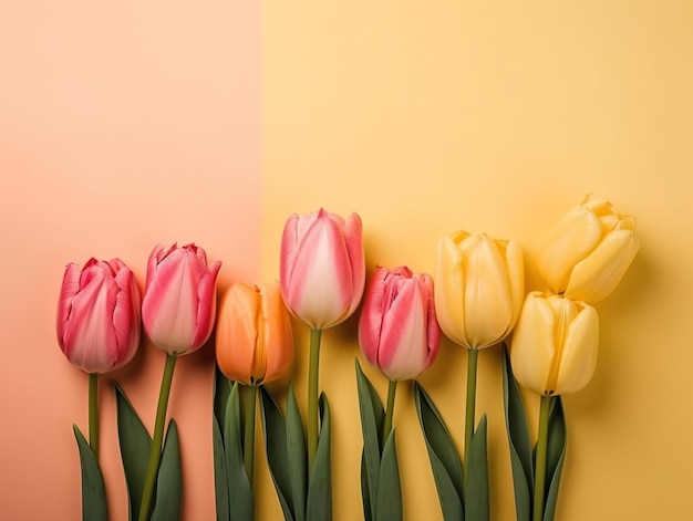 Spring tulip flowers on yellow background top view in flat lay style Greeting for Womens or Mothers Day or Spring Sale Banner Generative Ai