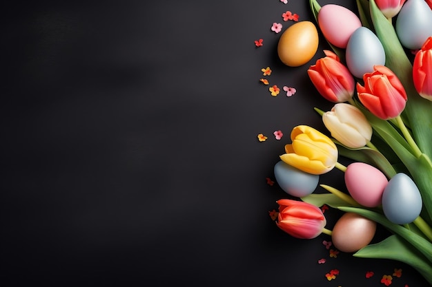 Spring Tulips Easter Eggs on Dark Background Generative AI