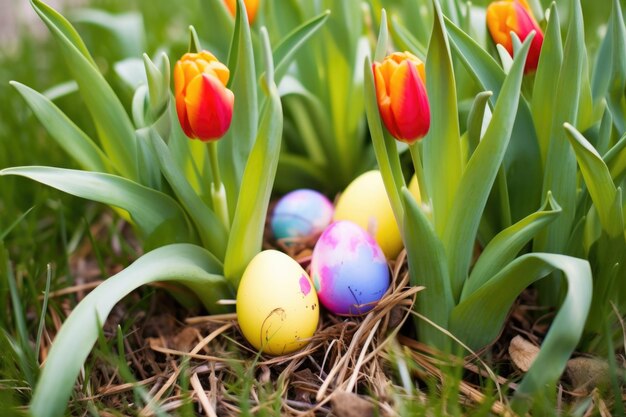 Spring tulips emerging from a patch of grass with hidden easter eggs