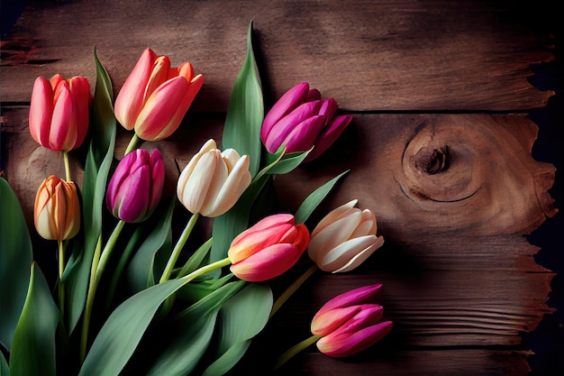 Spring tulips flower on wooden background Generative AI