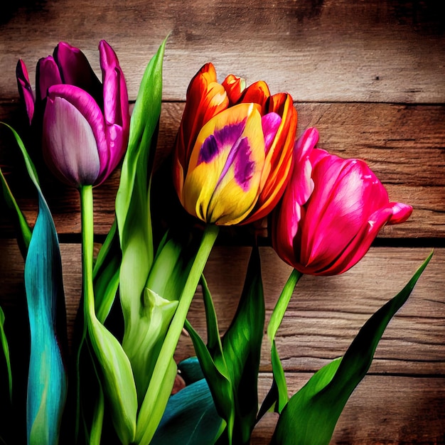 Spring tulips flower on wooden background Generative AI