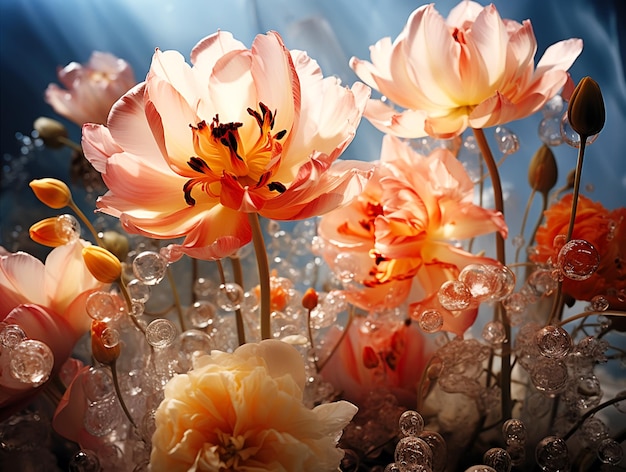 Spring tulips in the park with transparent over sky