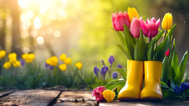 Spring tulips in yellow boots on a wooden table garden background