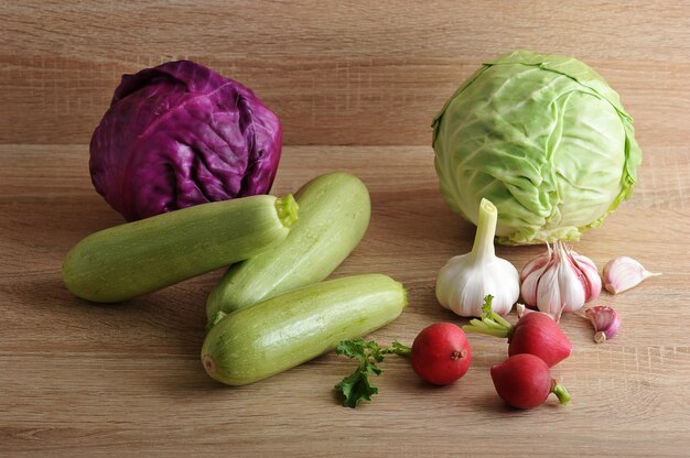 Spring vegetable set - whole heads of cabbage, zucchini, radish and garlic