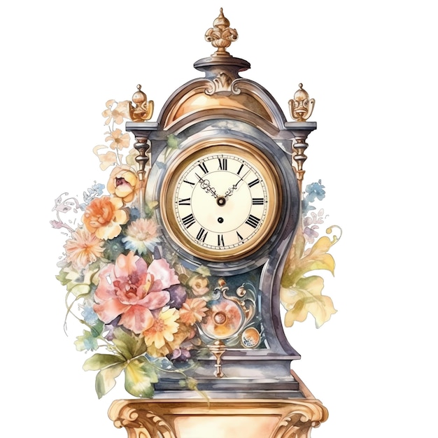 Spring vintage floral clock watercolor illustration spring clipart