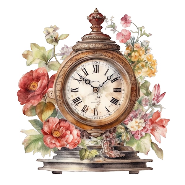 Spring vintage floral clock watercolor illustration spring clipart