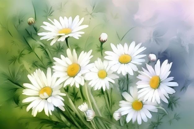 Spring watercolor background with daisies Generative AI