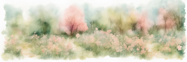 Spring watercolor illustration blooming meadow and trees ai generation panoramic