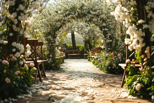 Photo spring wedding ceremony settings in garden with flowers