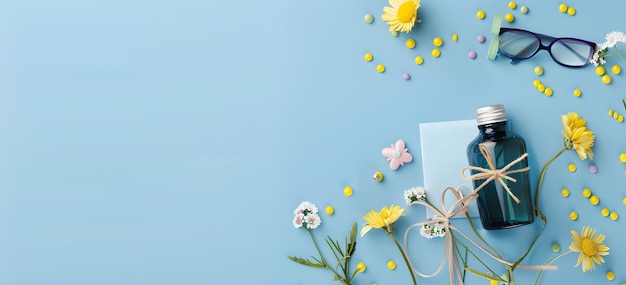 Spring Wellness Flowers Essential Oil and Glasses on a Blue Background