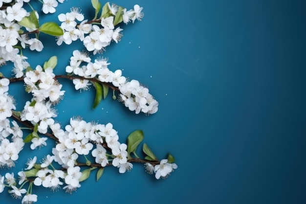 Spring white blossom branches as border on blue generative ai