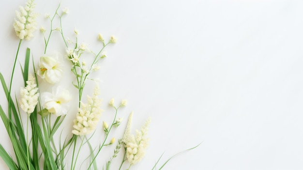 写真 白い春の花と緑の尖った草