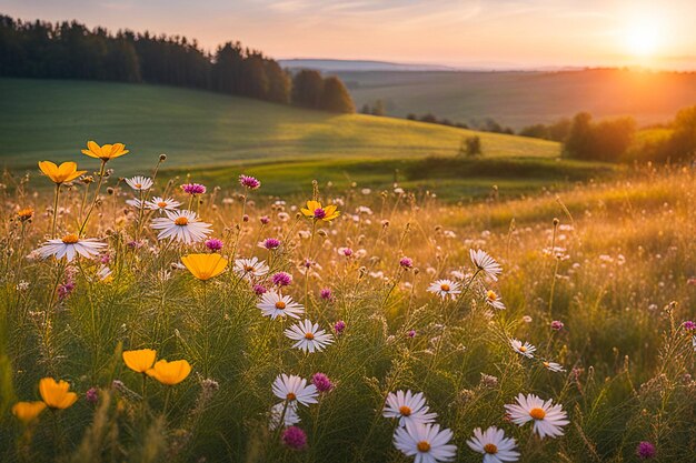 Photo spring wildflower field in beautiful sunlight flowers and grass in a countryside at sunset time