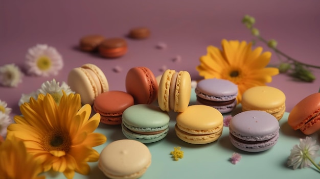 Spring wildflowers and french macaroon cookies for dessert