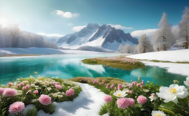 A spring winter and snow landscape with green glass and flowers