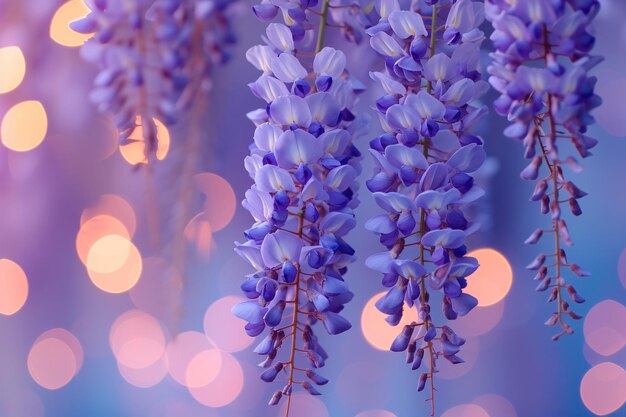 夕暮れの庭にく春のウィステリア 紫色の日本のウィセリア・シネンシス枝