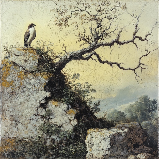 A spring with a solitary falcon roosted close by