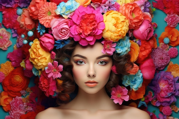 春の女 鮮やかな花の花束と鮮やかなの花のヘアスタイルで美しいモデルの女の子 頭に花がく美しい女性 フェスティバルなファッショナブルなメイクアップ