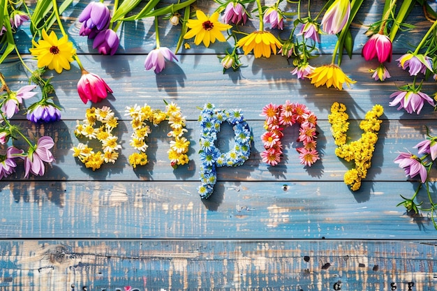 Foto parola di primavera e fiori su sfondo di legno