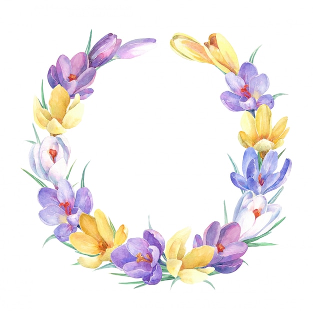 カラフルなクロッカスの花と春の花輪