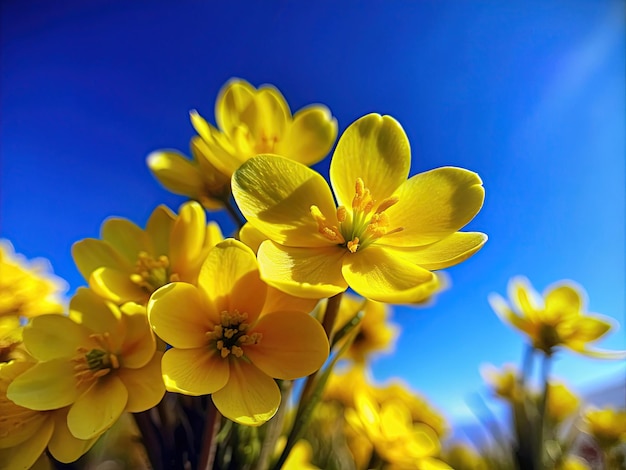 весенние желтые цветы и голубое небо без облаков макро вид