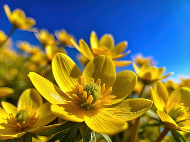 春の黄色い花と青い空 雲のないマクロビュー