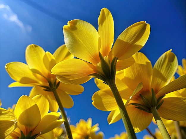 spring yellow flowers and the blue sky no clouds macro view