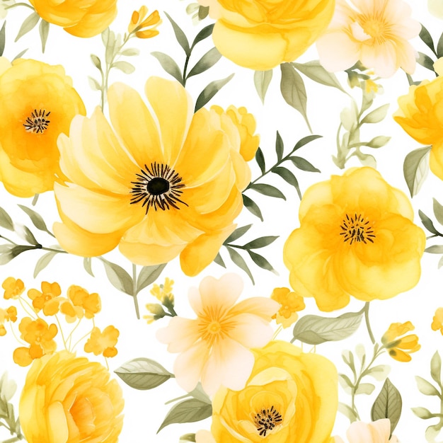 Spring Yellow flowers watercolor seamless patterns