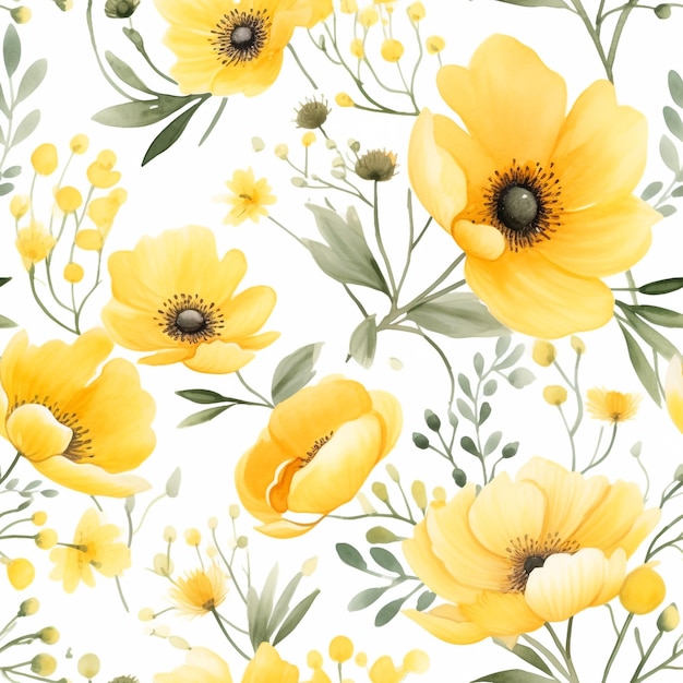 Spring Yellow flowers watercolor seamless patterns