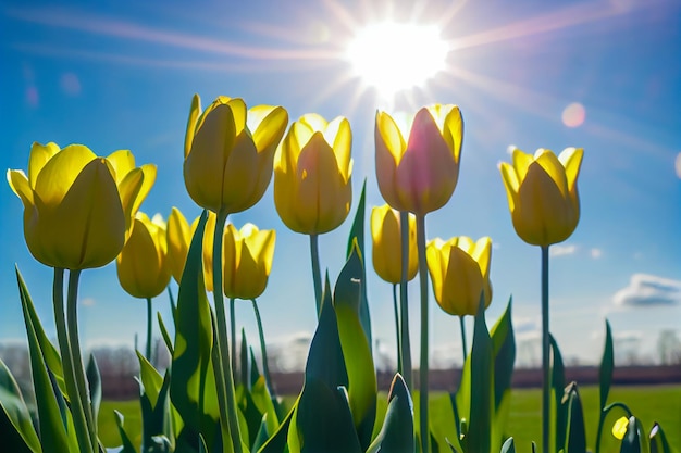 Spring yellow tulips on the field against the blue sky 3d illustration Generative AI