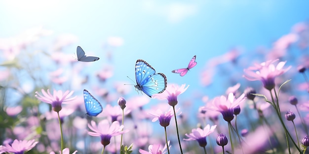 Spring39s Beauty Butterfly in Flight Above Pink Blossoms Ideal for Nature Themes