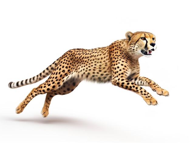Springende Afrikaanse cheetah wilde kat in sprong geïsoleerde witte achtergrond