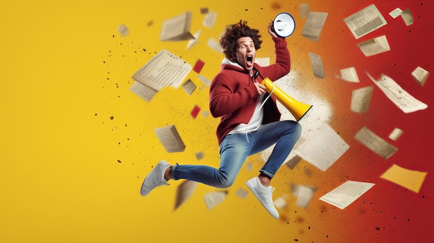 Springende man met een megafoon Collage in tijdschriftstijl Generatieve ai