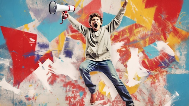 Springende man met een megafoon Collage in tijdschriftstijl Generatieve ai