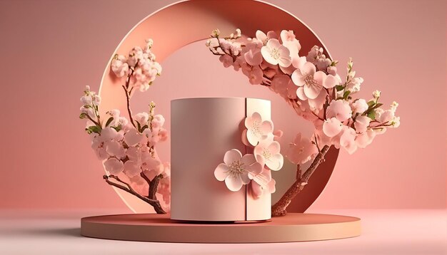 Springinspired podium display with apple blossom on a peach pastel background