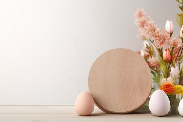 Springinspired Product Presentation Enhancing Brands on an Empty Wooden Podium with Vibrant Flower