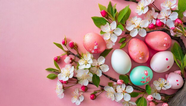 Springs Palette CloseUp Shot Featuring Colorful Easter Eggs and Cherry Blossoms on Pink backdrop