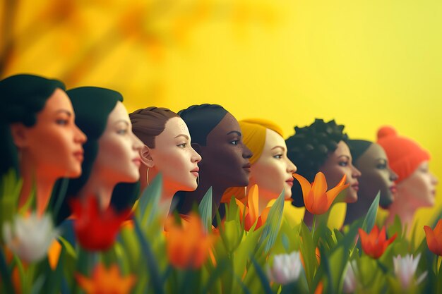 Foto illustrazioni a tema primaverile con personaggi diversi che simboleggiano l'unità